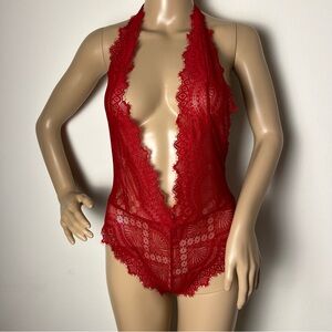 Elegant Red Lace Bodysuit